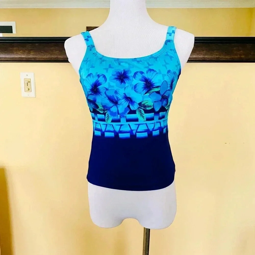 Speedo Aqua Blue Floral Tankini Top High Performance Size 10/8